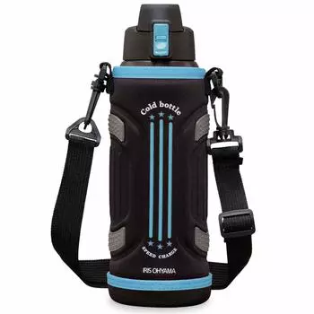 Бутылка для воды Iris Ohyama, спортивная бутылка, 1 литр, 1 л, синяя, вакуумный изоляционный слой сохраняет ее холодной в течение 6 дней, можно открывать напиток одной рукой, в комплекте идет