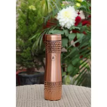 Бутылка для воды из чистой меди - 1 л, ручная работа | Бутылка с кованым узором и герметичной крышкой | Аюрведическая бутылка для пользы для здоровья