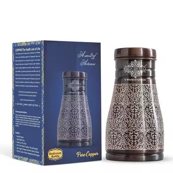 Бутылка для воды из чистой меди со встроенным стеклом, темный рельефный дизайн, графин на тумбочке, аюрведические преимущества для здоровья, 950 мл (Пакет из 1)