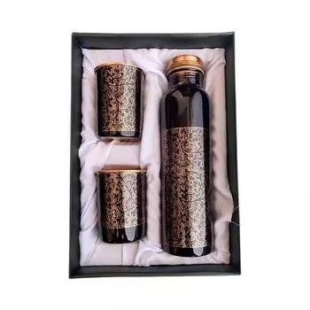 Бутылка для воды из чистой меди со стеклянным набором для подарка. Бутылка для воды 1 литр. Медная бутылка. Подарочный набор. Офисное использование. Спорт. Ежедневное использование.