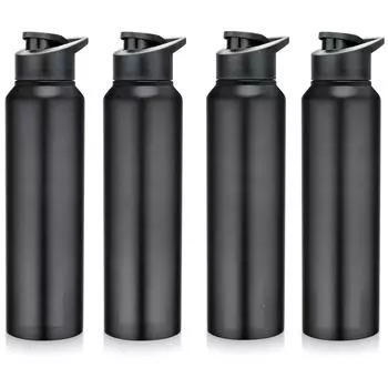 Бутылка для воды из нержавеющей стали 1 л для детей, мальчиков, девочек, бутылки 1 литр для спортзала, спорта, использования в холодильнике, школы и офиса (Крышка-поильник - Набор из 4 штук, Черный)