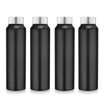 Бутылка для воды из нержавеющей стали 1 л для детей, мальчиков, девочек, бутылки 1 литр для спортзала, спорта, использования в холодильнике, школы и офиса (Стальной колпак - Набор из 4 штук, Черный)