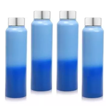 Бутылка для воды из нержавеющей стали 1 л для детей, мальчиков, девочек, бутылки 1 литр для спортзала, использования в холодильнике, школы и офиса (Стальной колпачок - Набор из 4 штук, Синий Синий)