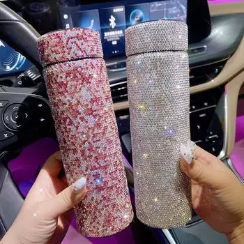 Бутылка для воды из нержавеющей стали Bling Car Crystal Diamond с вакуумной изоляцией, кружка для кофе, герметичная бутылка, автомобильные аксессуары розовый