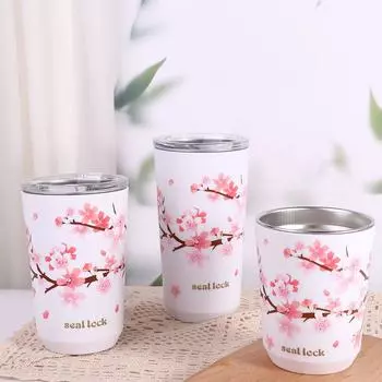 Бутылка для воды из нержавеющей стали с цветком вишни, двухслойная, термос, чашка, кофейный стакан, термос 360ml