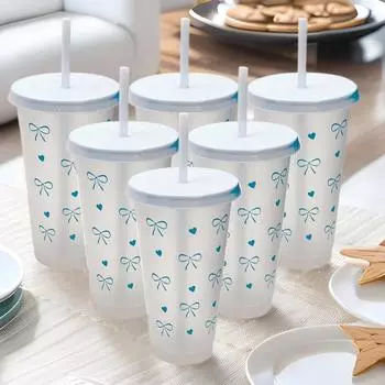 Бутылка для воды Kawaii, эстетический стакан для льда, кофе, сока, чая, симпатичные пластиковые стаканчики с бантом и крышкой-соломинкой, портативная бутылка для питья 1PCS