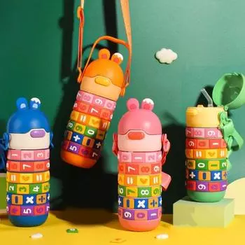 Бутылка для воды Kawaii Bear Детская мультяшная соломенная чашка для воды с ремешком Портативная герметичная бутылка для воды без BPA Бутылка для питьевой воды из нержавеющей стали оранжевый