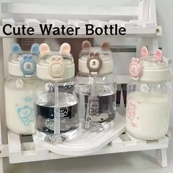 Бутылка для воды Kawaii Rabbit объемом 500 мл, портативная, симпатичная, в форме уха, пластиковая, с соломинкой и крышкой, для подарков на праздник на открытом воздухе синий