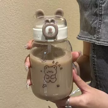 Бутылка для воды Kawaii Rabbit объемом 500 мл, портативная, симпатичная, в форме уха, с трубочкой и крышкой, летняя посуда для питья на открытом воздухе для кемпинга 0.5L белый