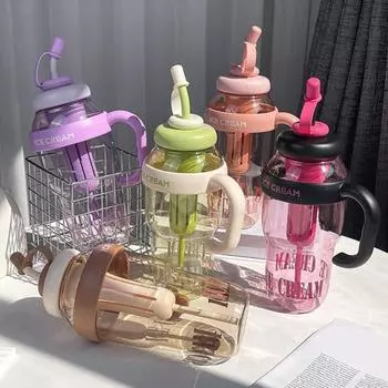 Бутылка для воды на 1300 мл с ручкой, крышками, соломинками, герметичная кружка для питья, не содержащая BPA, термостойкая портативная чашка для воды для спортивного офиса, путешествий 1300ML фиолетовый