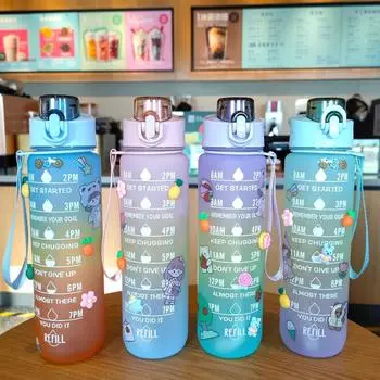 Бутылка для воды на 1 литр со шкалой времени для фитнеса и спорта на открытом воздухе. Бутылки для воды с соломинкой. Матовые герметичные мотивационные спортивные чашки 1000 мл. зелёный