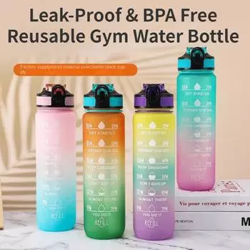 Бутылка для воды объемом 1 л с отметкой времени — герметичная и не содержащая бисфенол-А многоразовая бутылка для воды в спортзале для фитнеса, занятий спортом, езды на велосипеде, школы 1L