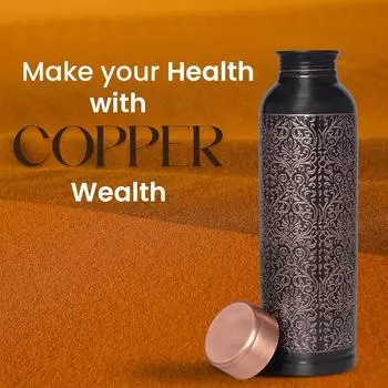 Бутылка для воды с резьбой из меди с черным античным дизайном, глянцевая отделка, 1000 мл, без швов и герметичная бутылка для аюрведических оздоровительных целей, йоги