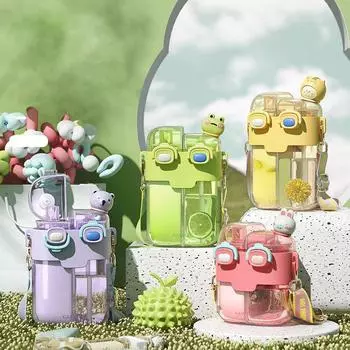 Бутылка для воды с рисунком для детей, двухсекционная чашка для питья, одна чашка для двух напитков, детская бутылка для воды с регулируемым ремешком