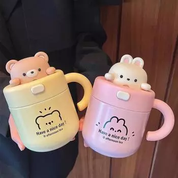 Бутылка для воды с трубочкой и ручкой из нержавеющей стали, термос Kawai Bear объемом 530 мл, термокружка для кофе с термоизоляцией, термокружка 501-600ml коричневый