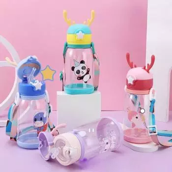 Бутылка для воды с трубочкой в виде рогатого скота объемом 600 мл, портативная детская, герметичная, для занятий спортом на открытом воздухе, детская посуда для питья 600ml