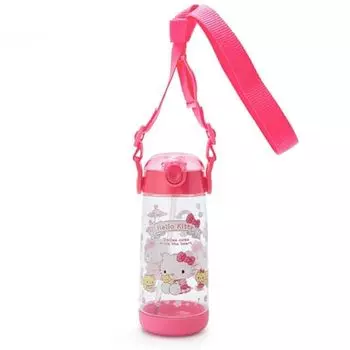 Бутылка для воды Sanrio с трубочкой 480 мл, легкая пластиковая бутылка для питья с одним нажатием Hello Kitty Hello Kitty с плечевым ремнем и именной наклейкой