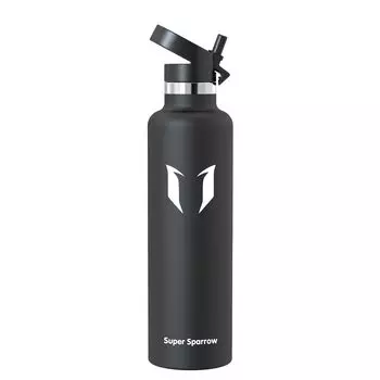 Бутылка для воды Super Sparrow объемом 1 литр с вакуумной изоляцией. Стандартная бутылка для воды с открытым ртом. Не содержит бисфенол А, герметичная, эргономичная бутылка для воды с чёрный
