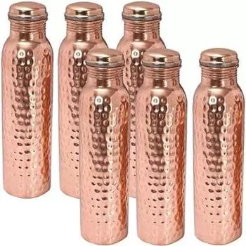 Бутылка для воды Tanirika из чистой кованой меди - кованый дизайн, емкость 1 литр, премиум-класса Shudh Tamba, превосходное экспортное качество // упаковка из 6 штук