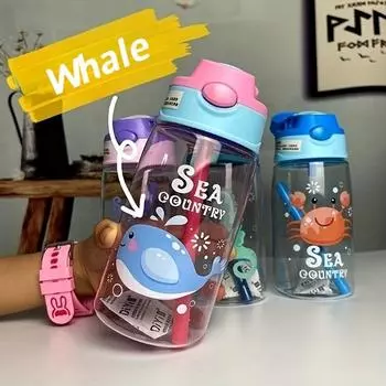Бутылка для воды Vigo Cartoon с милыми животными и трубочкой - 480 мл/16 унций, пластиковый стаканчик для воды без BPA для летнего питья и путешествий 480ml