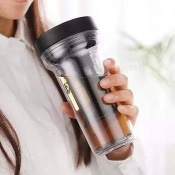 Бутылка для воды Yousheng, 430 мл с крышкой, двухслойная, герметичная, большая вместимость, легко носить с собой, теплоизоляция, пластиковый фильтр, многоразовая чайная чашка для путешествий чёрный