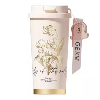 Бутылка-стакан GERM Tumbler Mug Bottle 500 мл Lily of the Valley Coffee из нержавеющей стали 316L с двухсторонней изоляцией, вакуумной изоляцией, герметичной многослойной структурой. розовый