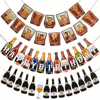 Бутылка вина Бокалы С Днем Рождения Баннер Флаг Красное Золото Шампанское Виски День Рождения Гирлянды Счастливые Взрослые День Рождения Декор