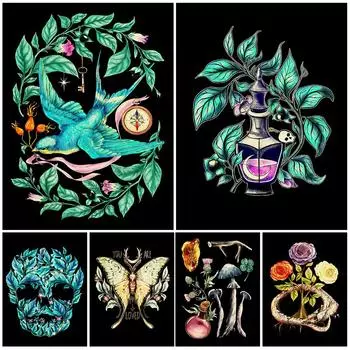 Бутылка зелья Новолуние и лунная моль Настенная картина маслом Волшебные травы и символы Художественная печать плакатов Украшение дома без рамки 21cm30cm NoFrame