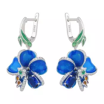 Buyee 925 стерлингового серебра Большие клипсы Серьги Элегантные Синие Эмалевые Цветочные Серьги для Женщин Девушек Свадебные Ювелирные Изделия Серьги