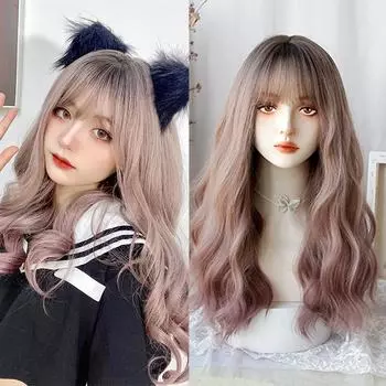 Bybrana Длинное тело Волна Ombre Розовые синтетические парики с челкой Естественная волна для женщин Косплей Натуральный парик Термостойкий