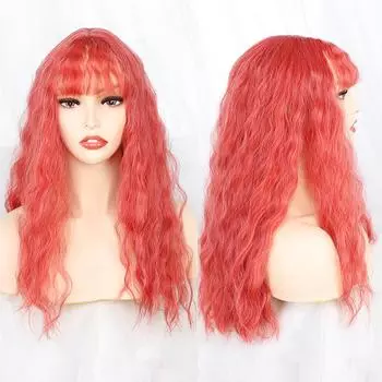 Bybrana Ladies Red Большие волнистые длинные волосы с челкой Ежедневная одежда Синтетические волосы 60cm