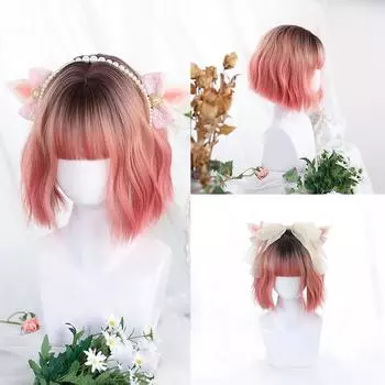Bybrana Розовый Синтетический Боб Парик Для Косплея С Челкой Для Женщин Темный Корень Градиент Натуральные Волосы Лолиты Короткие Волнистые Парики