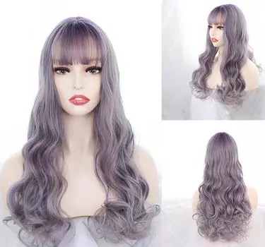 Bybrana Женщины Челка Большие Волны Длинные Волосы Лаванда Синтетические Волосы Ежедневная носка Личность 60cm