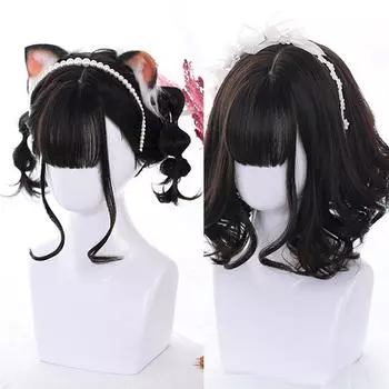 Bybrana Женские короткие волосы Лолита Челка Волнистый парик Повседневная одежда Синтетические волосы Устойчивость к высоким температурам