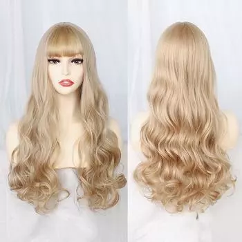 Bybrana Женские золотистые большие волны с челкой, длинные волосы, синтетические волосы, устойчивые к высоким температурам 60cm