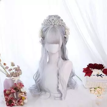 Bybrana Женский парик Женские длинные вьющиеся волосы Парик Лолиты Воздушная челка Реалистичный синий градиент Химическое волокно Полный головной убор Аниме Парик 60cm