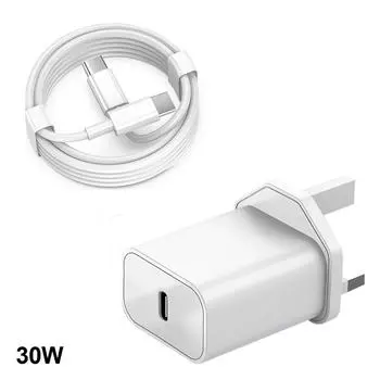 Быстрая зарядка PD 30 Вт Вилка зарядного устройства для Великобритании с кабелем C-C для iPhone 15 16 Samsung XiaoMi UK