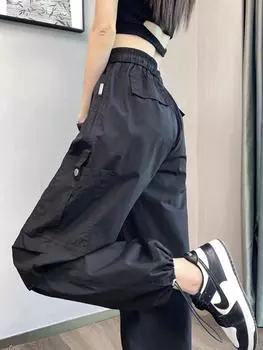 Быстродействующие комбинезоны из американского ледяного шелка, женские летние тонкие универсальные утягивающие свободные повседневные широкие спортивные брюки с завязками на щиколотке S чёрный