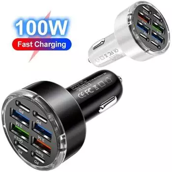 Быстрое автомобильное зарядное устройство 8-в-1, 4USB-A 4USB-C многопортовое зарядное устройство с PD для iPhone Samsung Huawei Xiaomi чёрный