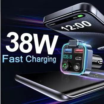 Быстрое автомобильное зарядное устройство мощностью 38 Вт с FM-передатчиком Bluetooth 5.3 - порты USB QC3.0 и PD20 Вт, светодиодный дисплей, усиление басов Blue-38W