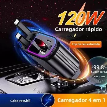 Быстрое автомобильное зарядное устройство мощностью 120 Вт, зарядка нескольких устройств «4 в 1», втягивающиеся кабели, PD QC3.0, для iPhone и Android