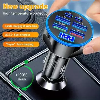 Быстрое автомобильное зарядное устройство на 6 портов, многофункциональное зарядное устройство USB мощностью 120 Вт с 2 портами PD и 4 портами USB, сверхбыстрая зарядка QC3.0 для мобильных телефонов, планшетов 6-port Car Charger