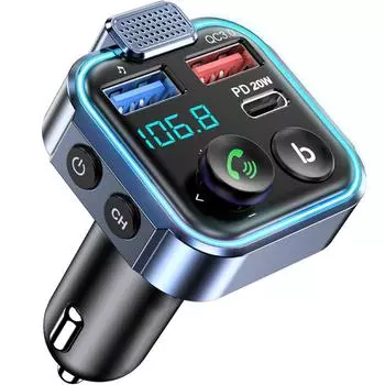Быстрое автомобильное зарядное устройство с FM-передатчиком Bluetooth 5.3 - USB-C PD и QC3.0 для iPhone/Samsung Blue-38W