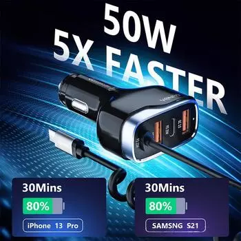 Быстрое автомобильное зарядное устройство USB C, 3-быстрое автомобильное зарядное устройство Super Quic мощностью 55 Вт PD& QC3.0 со сверхбыстрым спиральным кабелем типа C мощностью 50 Вт чёрный