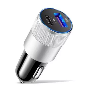 Быстрое автомобильное зарядное устройство USB Type C 3.1A 15W PD адаптер для мобильного телефона (Черное серебро)