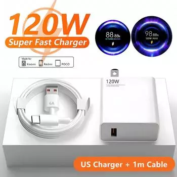 Быстрое сетевое зарядное устройство USB 6A 120 Вт для Xiaomi 11 12 13 14 Ultra Redmi Note 10 11T 12 13 POCO F5 X5 Pro Type C Turbo зарядный кабель US Plug - 1m Cable