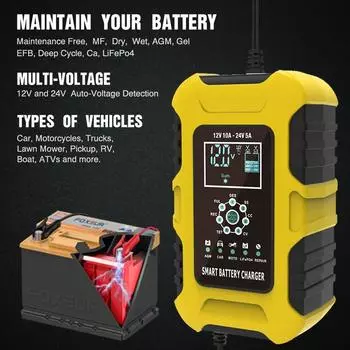 Быстрое зарядное устройство 12V10A 24V5A, автомобильное зарядное устройство для мотоциклов, многоаккумуляторный режим, автоматическое резервное аварийное питание EU жёлтый