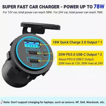 Быстрое зарядное устройство 3.0 Dual PD & USB автомобильное зарядное гнездо водонепроницаемая розетка с кнопкой переключения для 12 В/24 В автомобилей лодок мотоциклов