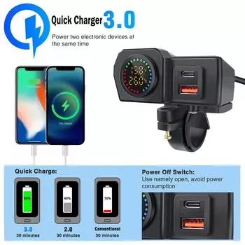 Быстрое зарядное устройство QC3.0+PD с двумя USB-разъемами для руля мотоцикла и зеркала заднего вида, 60 Вт, адаптер питания для телефона, цифровой вольтметр, термометр