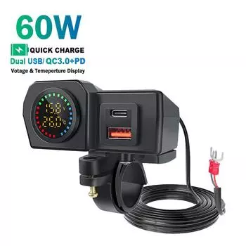 Быстрое зарядное устройство QC3.0+PD с двумя USB-разъемами для руля мотоцикла и зеркала заднего вида, 60 Вт, адаптер питания для телефона, цифровой вольтметр, термометр